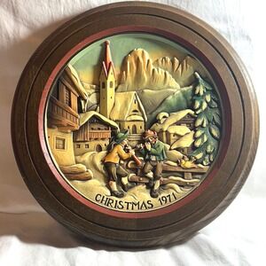 Vintage Anri Christmas 1971 Wood Carved Wall Plaque Brown Alpine Relief Italy